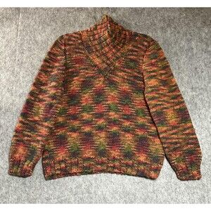 Hand Knit Sweater Womens Medium Multicolor Crochet Mock Neck Pullover Cottage